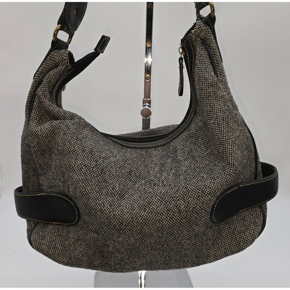 Chaps Tweed & Leather Hobo Shoulder Bag With Brass Accents old money academia